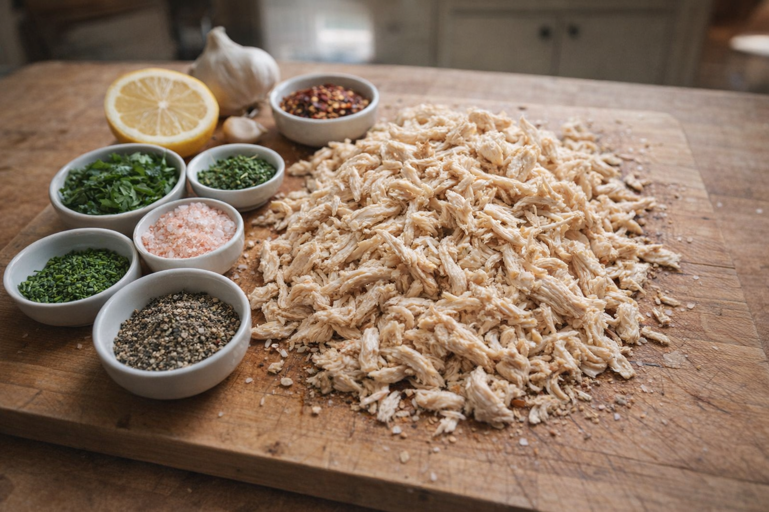 An overhead shot of perfectly boiled and shredded chicken breast on a wooden cutting board, surrounded by fresh herbs and spices in small bowls, natural daylight